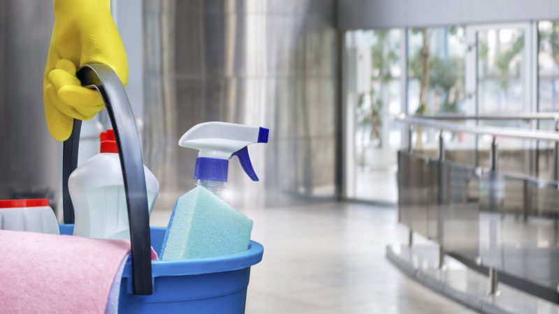 Cleaning lady with a bucket and cleaning products .